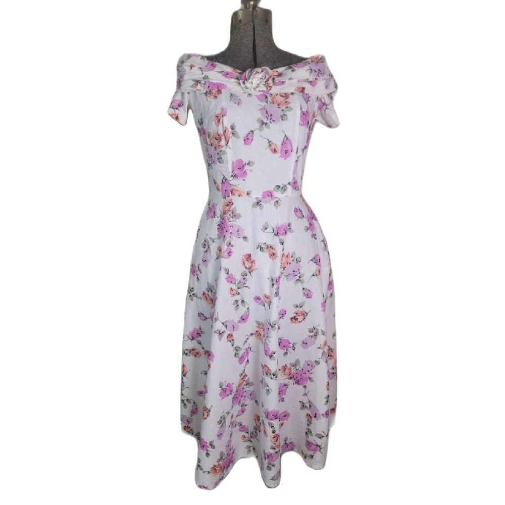 Vintage 70s White Pink Floral Midi Maxi Dress Off The‎ Shoulder Rose Small